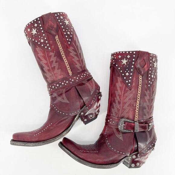 Rare Old Gringo Red Star Studded Belted Leather Western Cowgirl Boot size 7 - Picture 4 of 11